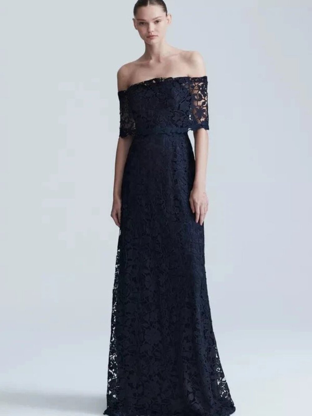 Lela Rose Deedie Off the Shoulder Guipure Lace Gown Navy, Size 12